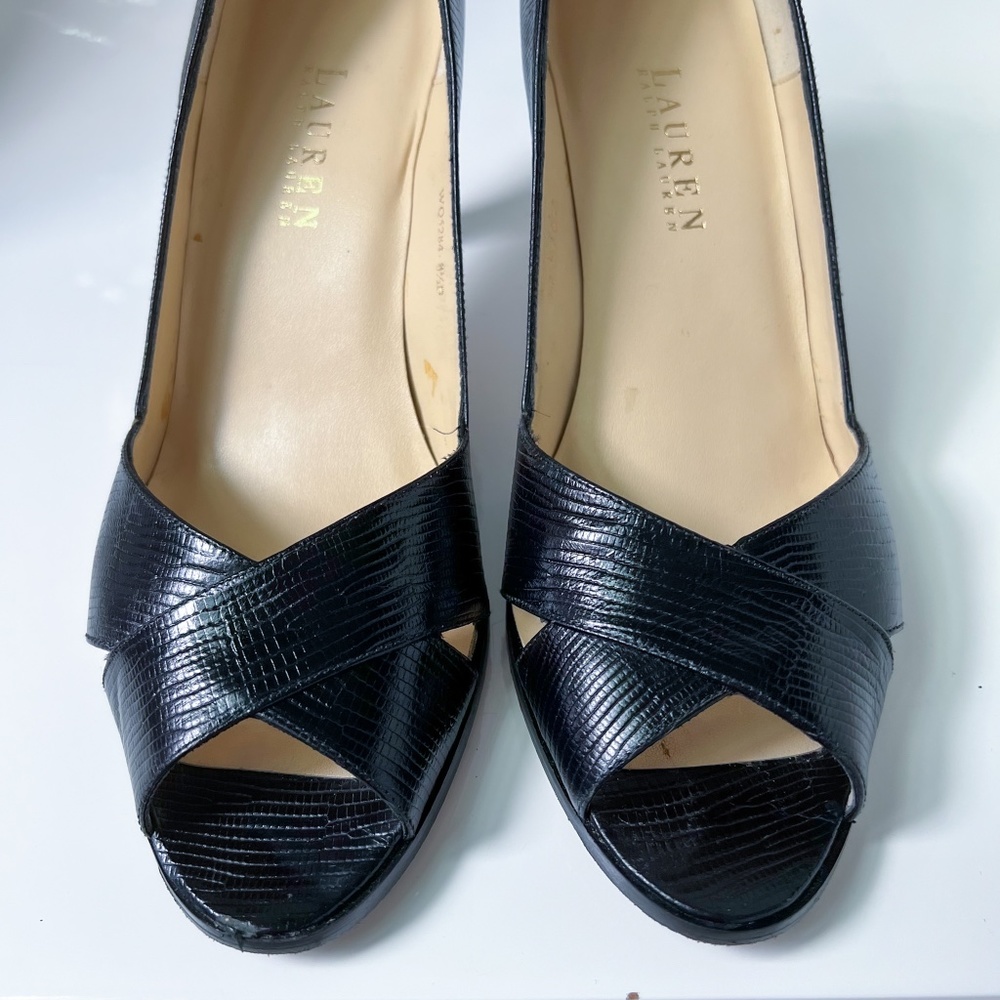 Lauren Ralph Lauren | Whelming Made in Spain Black Lizard Print Textured Leather - Picture 10 of 14